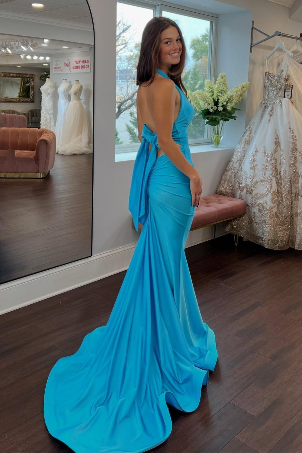 Fashionable Mermaid Halter Neck Blue Long Prom Dress with Bowknot Back