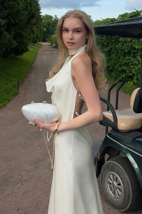 Fashionable Mermaid Halter Neck White Long Party Dress with Pearls Back - View 4 | VelvetHem