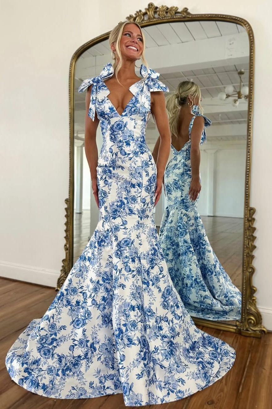 Fashionable Mermaid V Neck Blue Printed Long Prom Dress with Bowknot - VelvetHem