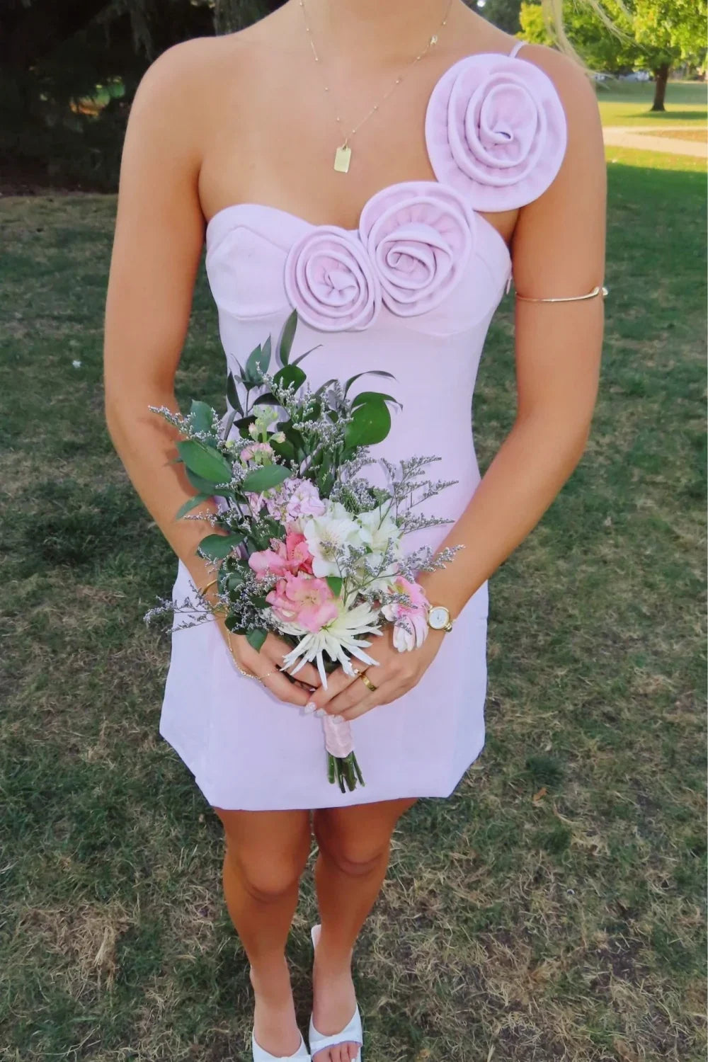 Fashionable Sheath One Shoulder Light Yellow Short Homecoming Dress with 3D Flowers