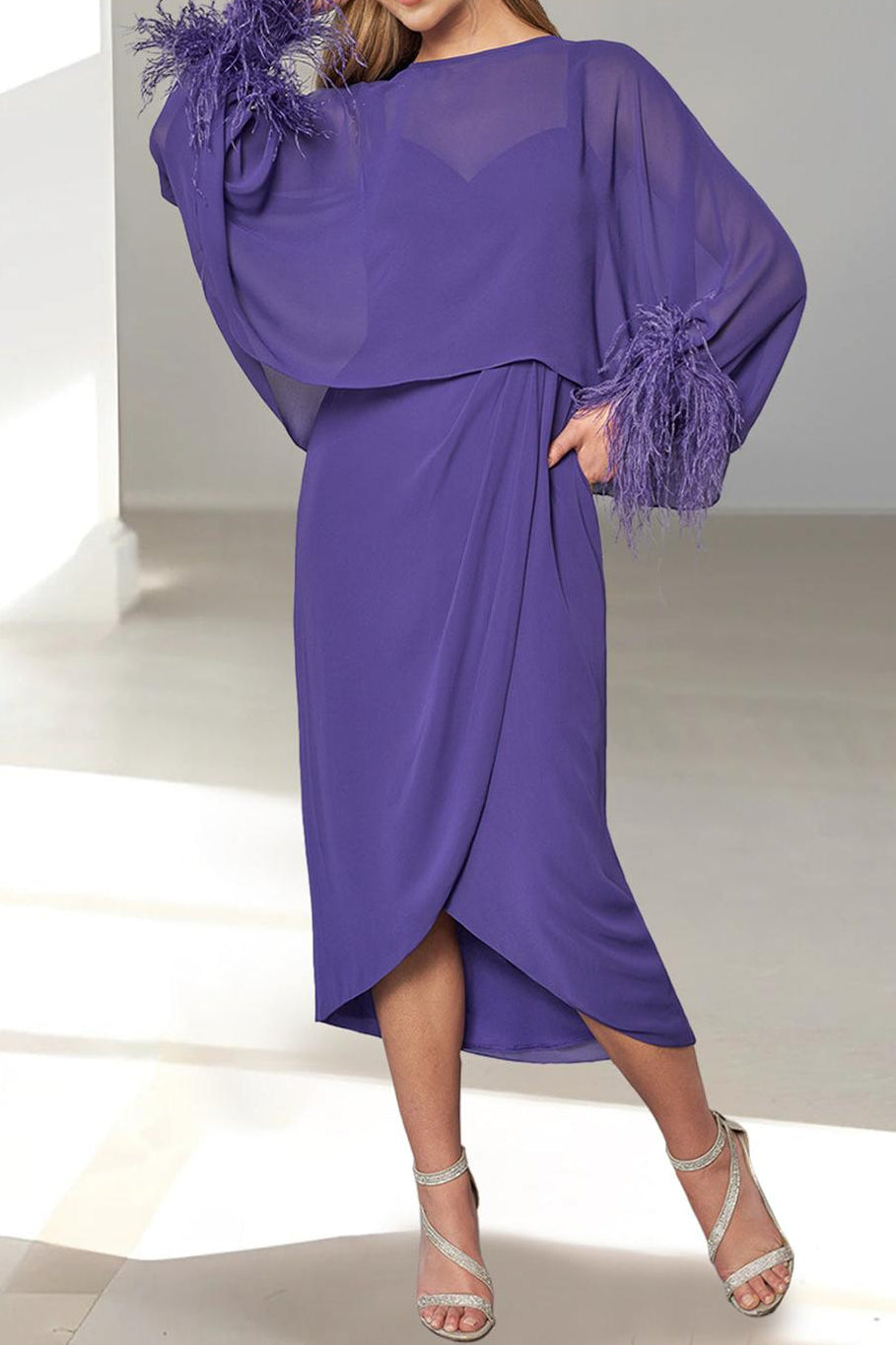 Feathered Jacket Tea Length Mother of the Bride A Line Dress