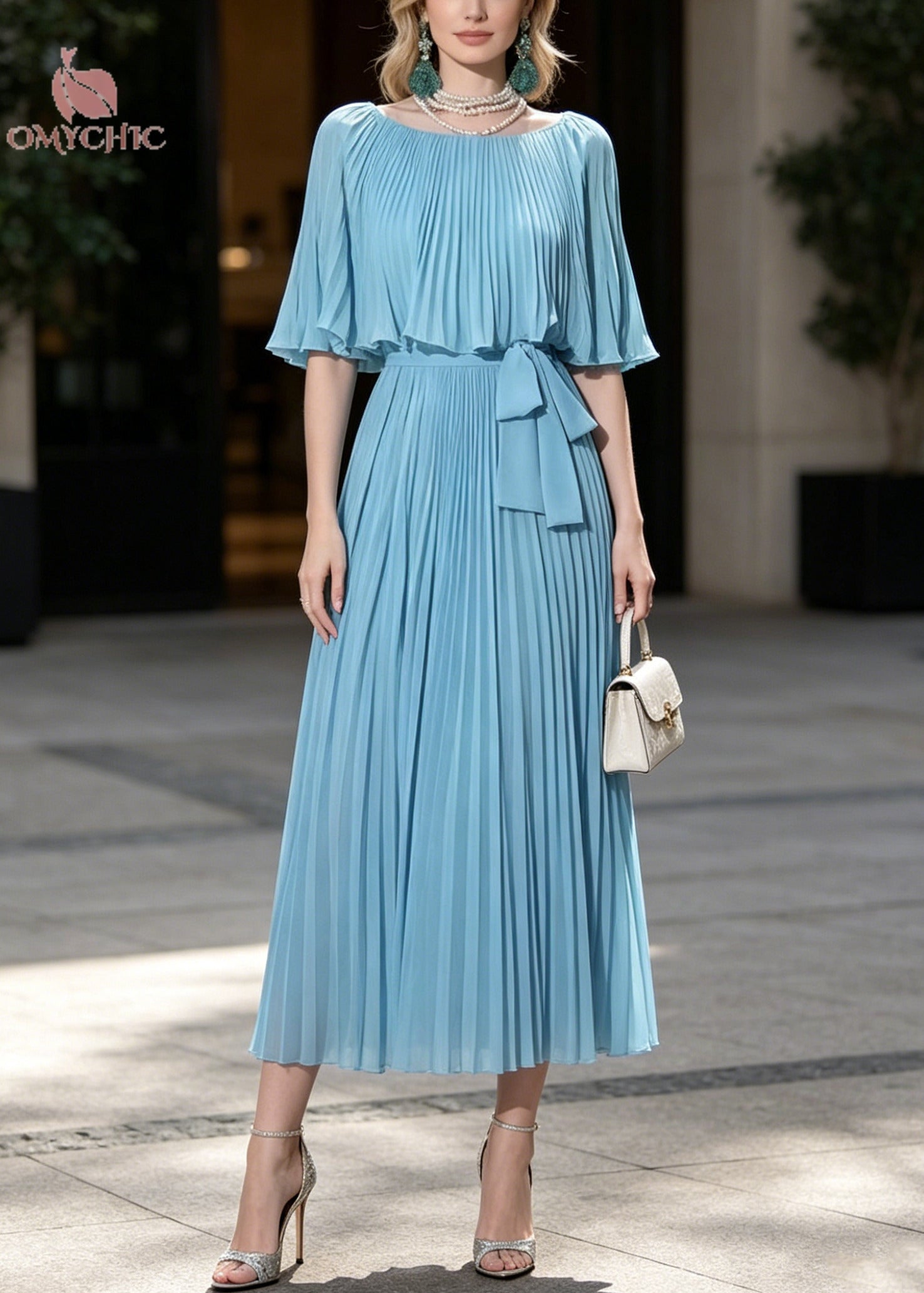 Fine Blue Tunic Wrinkled Chiffon Party Dresses Cloak Sleeves