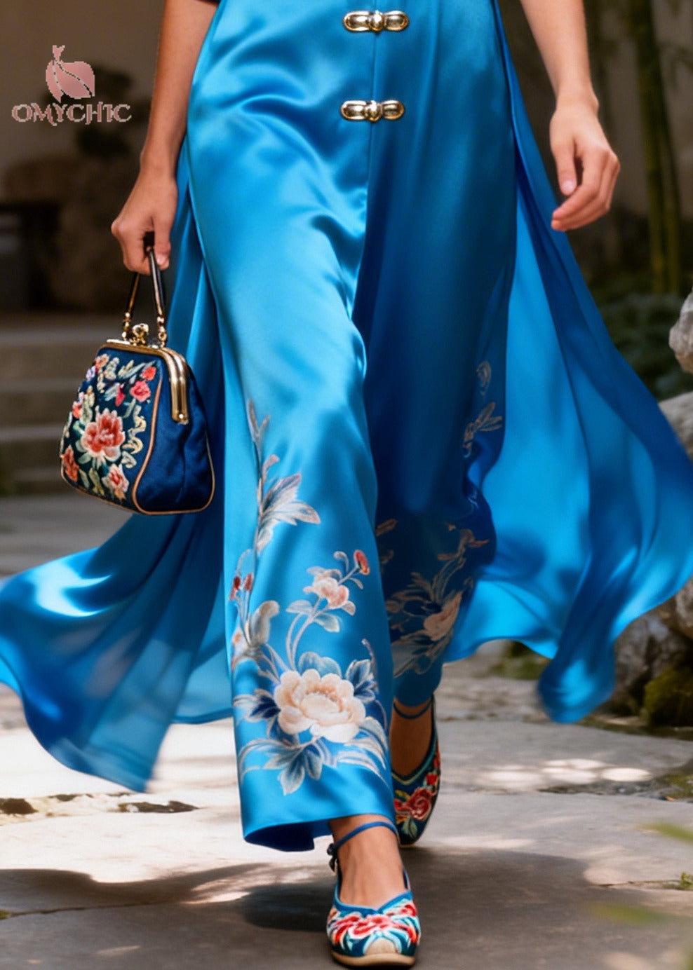 Fine Blue V Neck Print Draping Silk Dress Long Sleeve