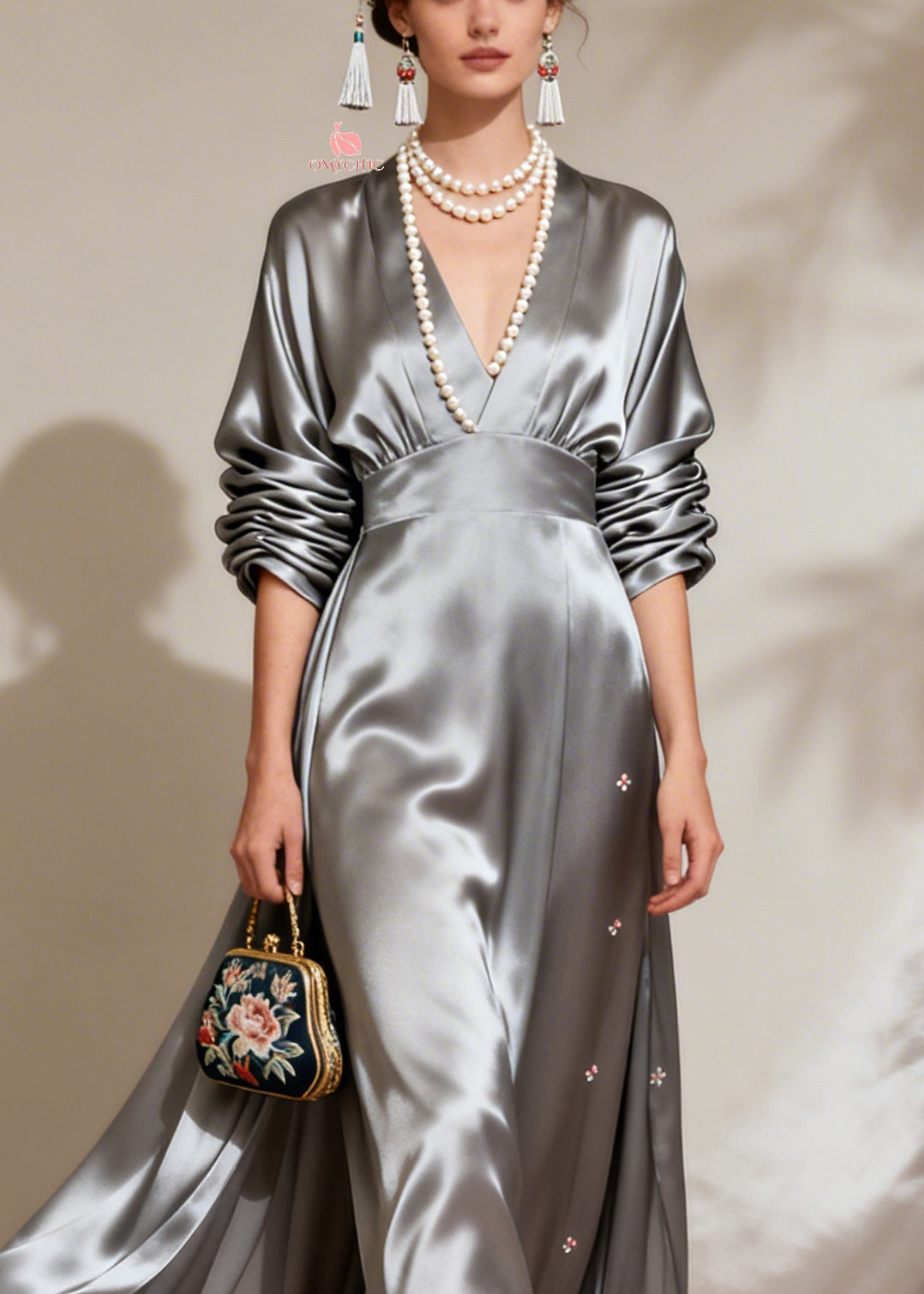 Fine Grey Wrinkled Patchwork Floral Holiday Silk Maxi Dress Long Sleeve