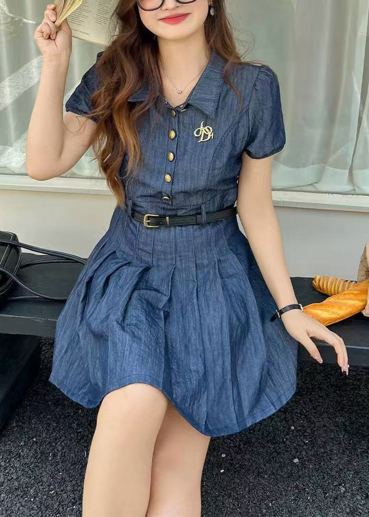Fine Navy Tunic Denim Pleated Dress Summer