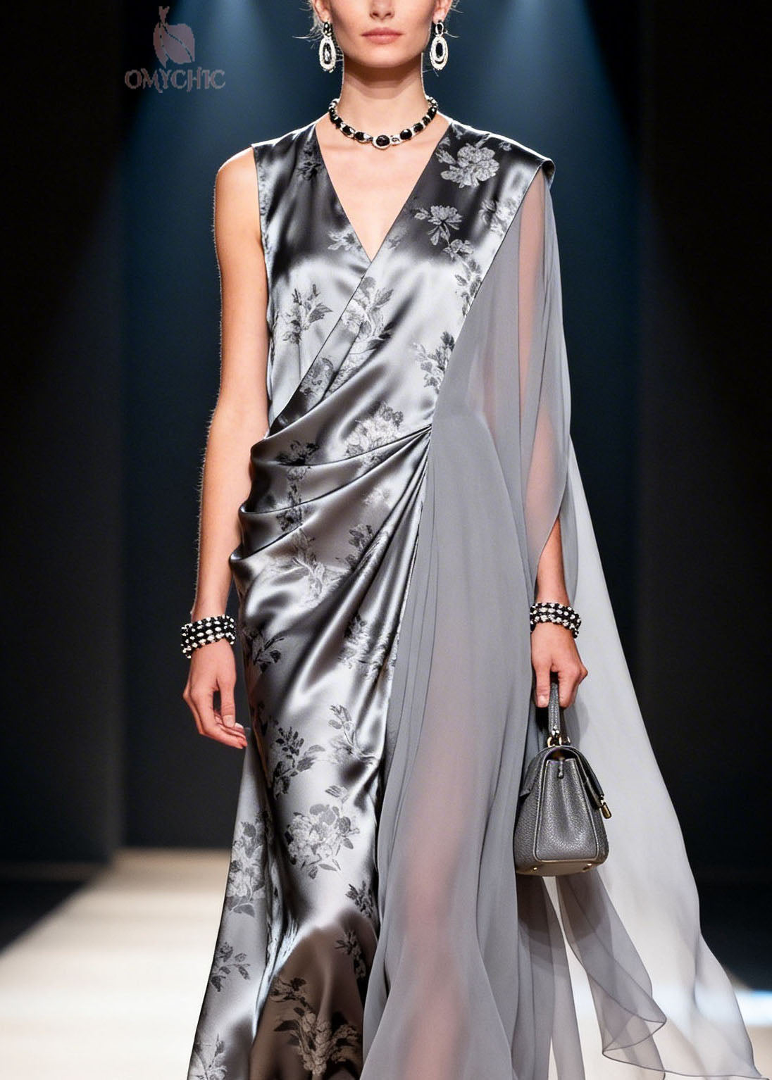 Fine V Neck Asymmetrical Design Print Patchwork Chiffon Dress Summer