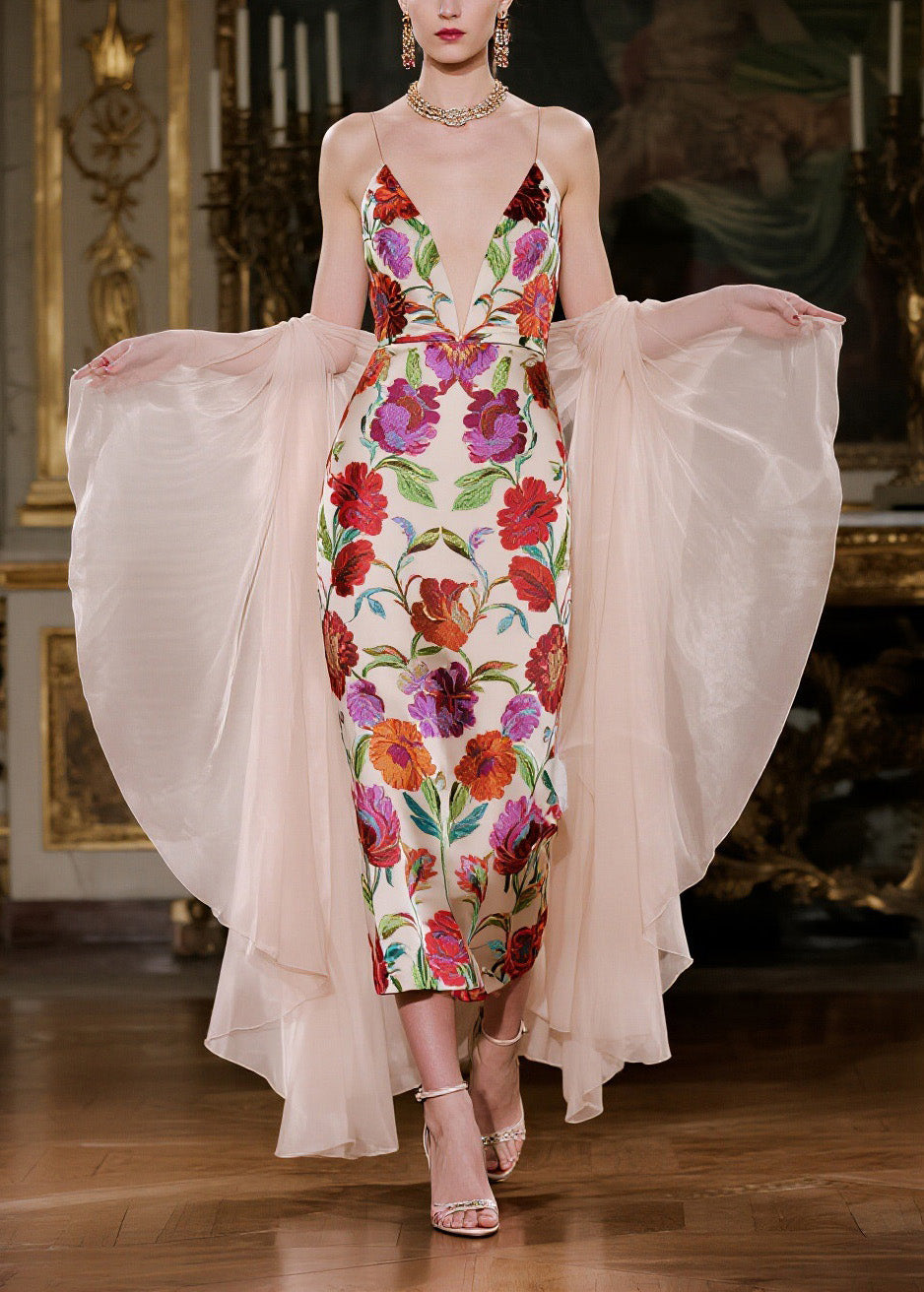 Fine V Neck Print Silk Spaghetti Strap Dress And Cape Two-Piece Set Summer