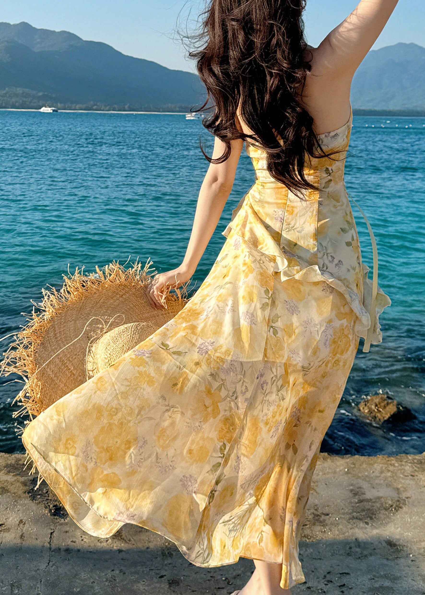 Fine Yellow Print Ruffled Tie Waist Long Dresses Sleeveless