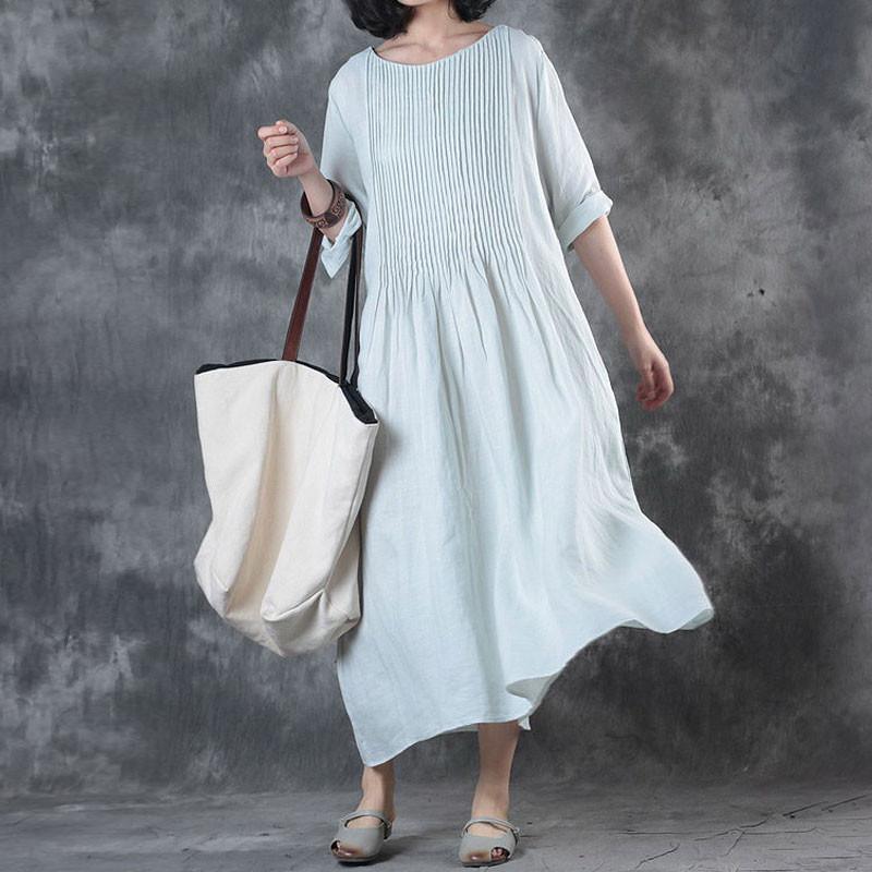 Fine Long Linen Dress Loose Fitting Solid Loose Folded Pocket White Dress