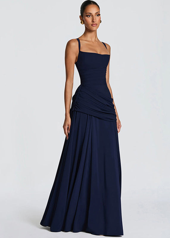Fitted Navy Wrinkled Backless Long Spaghetti Strap Dress Summer
