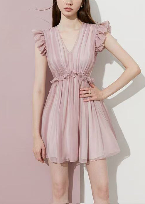 Fitted Pink Ruffled Chiffon Day Dress Summer