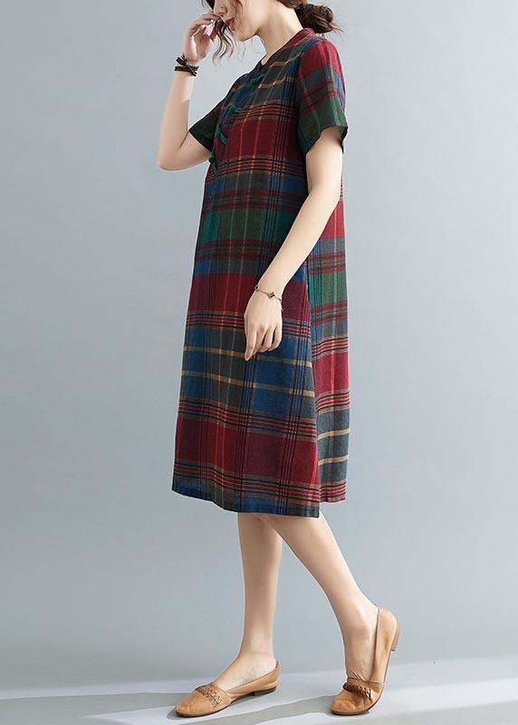 Fitted Plaid Oriental Cotton Linen Summer Dress ( Limited Stock)