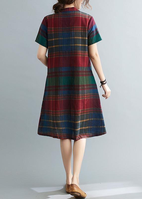 Fitted Plaid Oriental Cotton Linen Summer Dress ( Limited Stock)