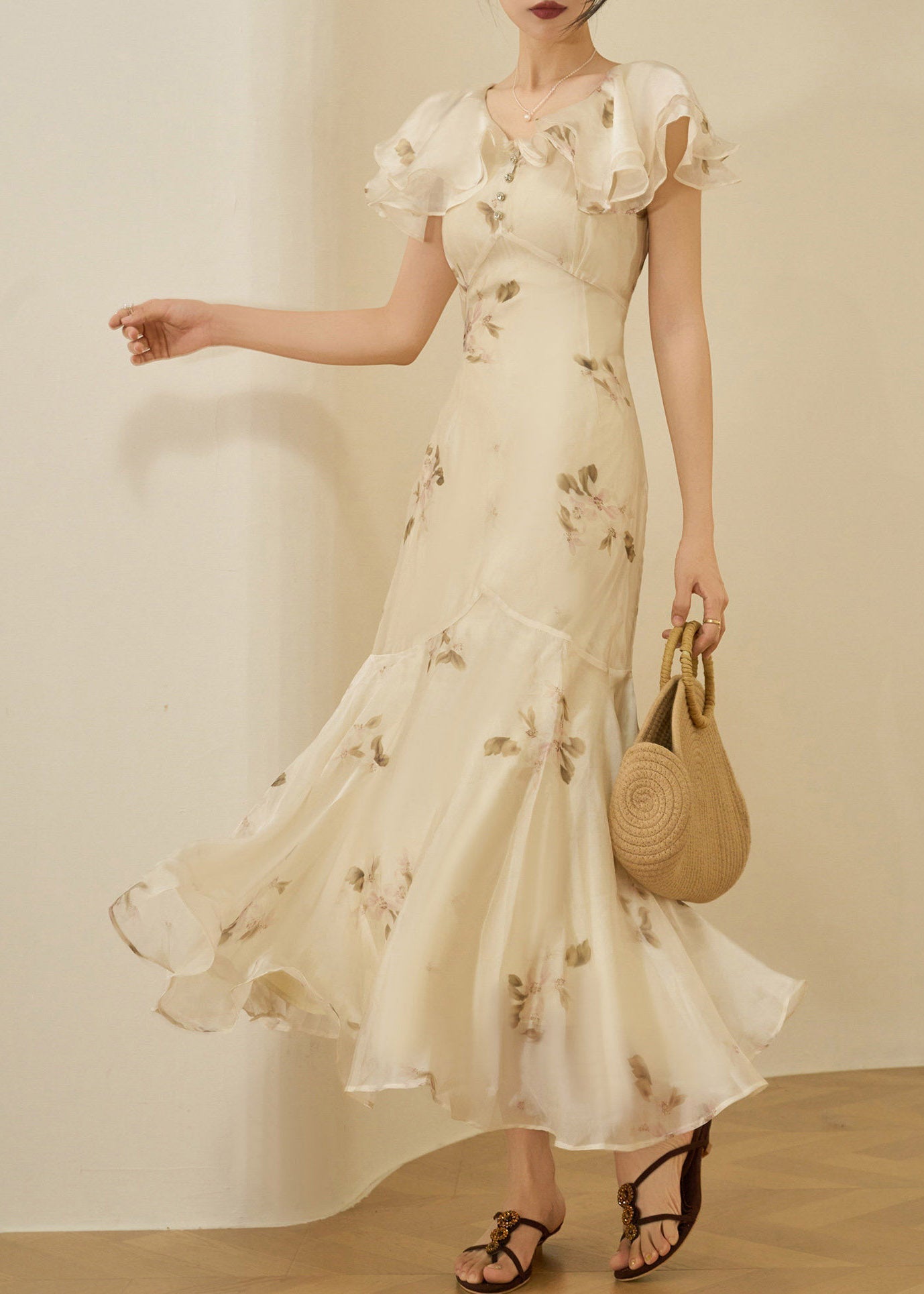 Fitted V Neck Patchwork Chiffon Long Fish-Tail Dresses Flare Sleeve