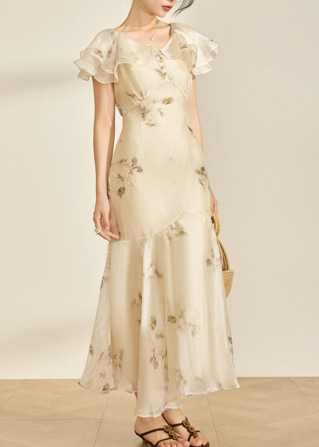 Fitted V Neck Patchwork Chiffon Long Fish-Tail Dresses Flare Sleeve