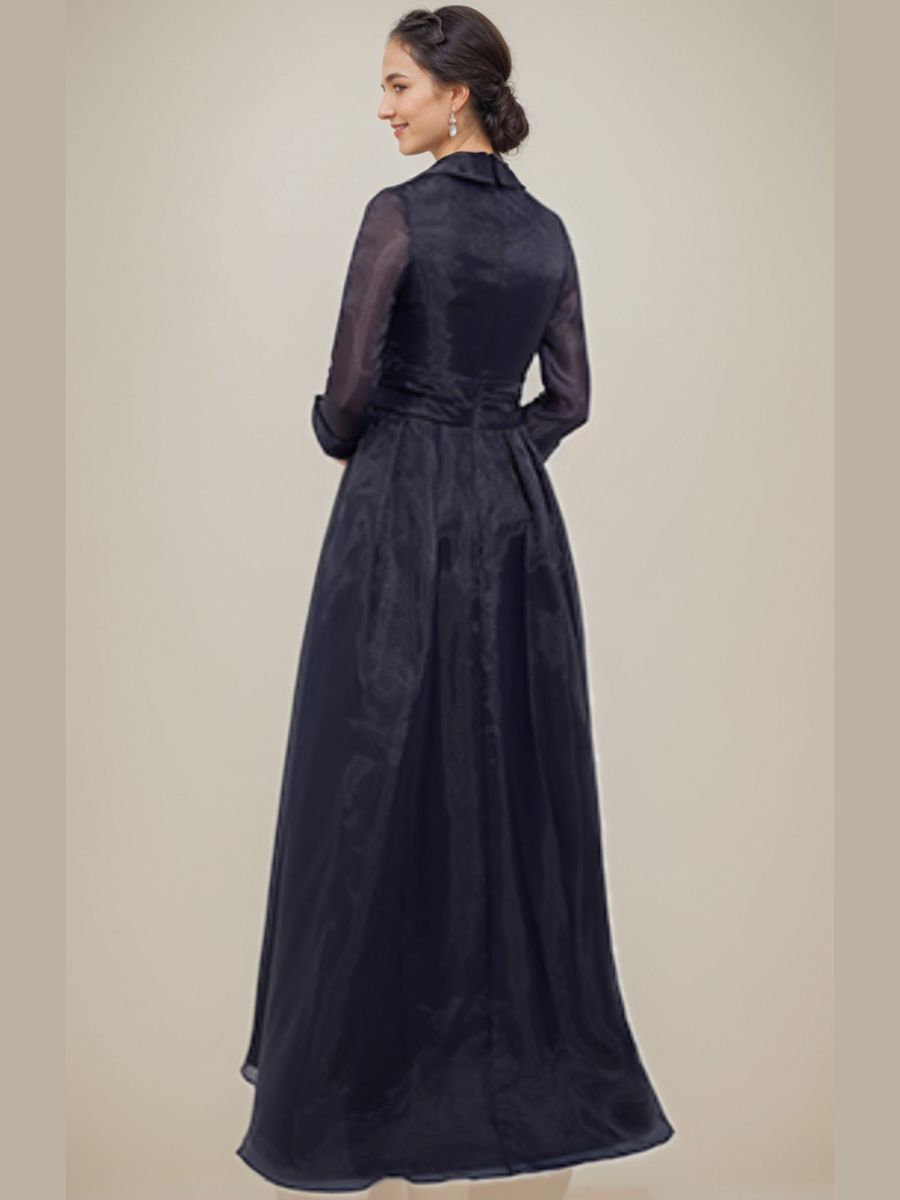 Long A Line Mother Of The Bride Dress with V Neck 3/4 Sleeves Appliques & Side Slit