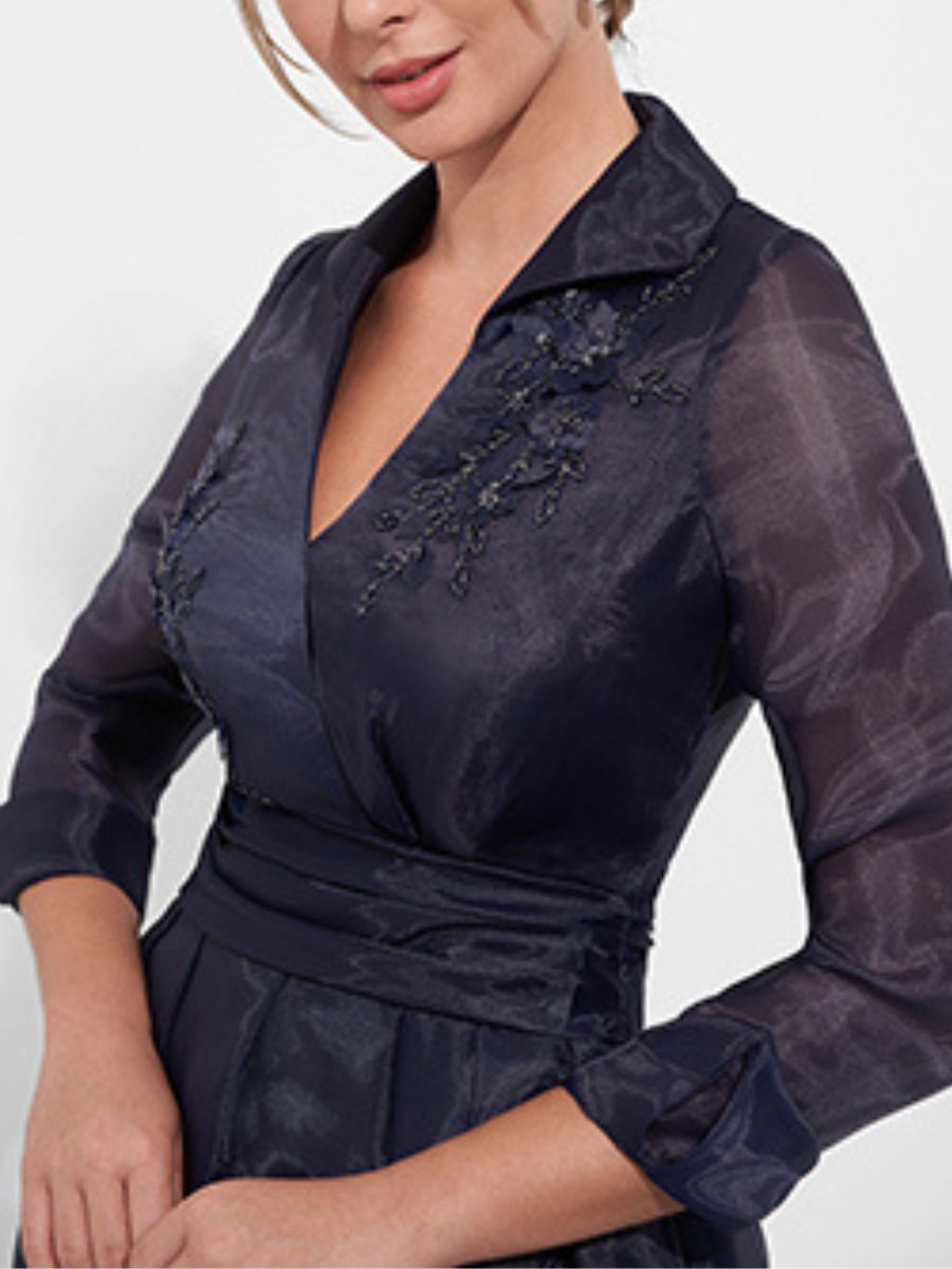Long A Line Mother Of The Bride Dress with V Neck 3/4 Sleeves Appliques & Side Slit