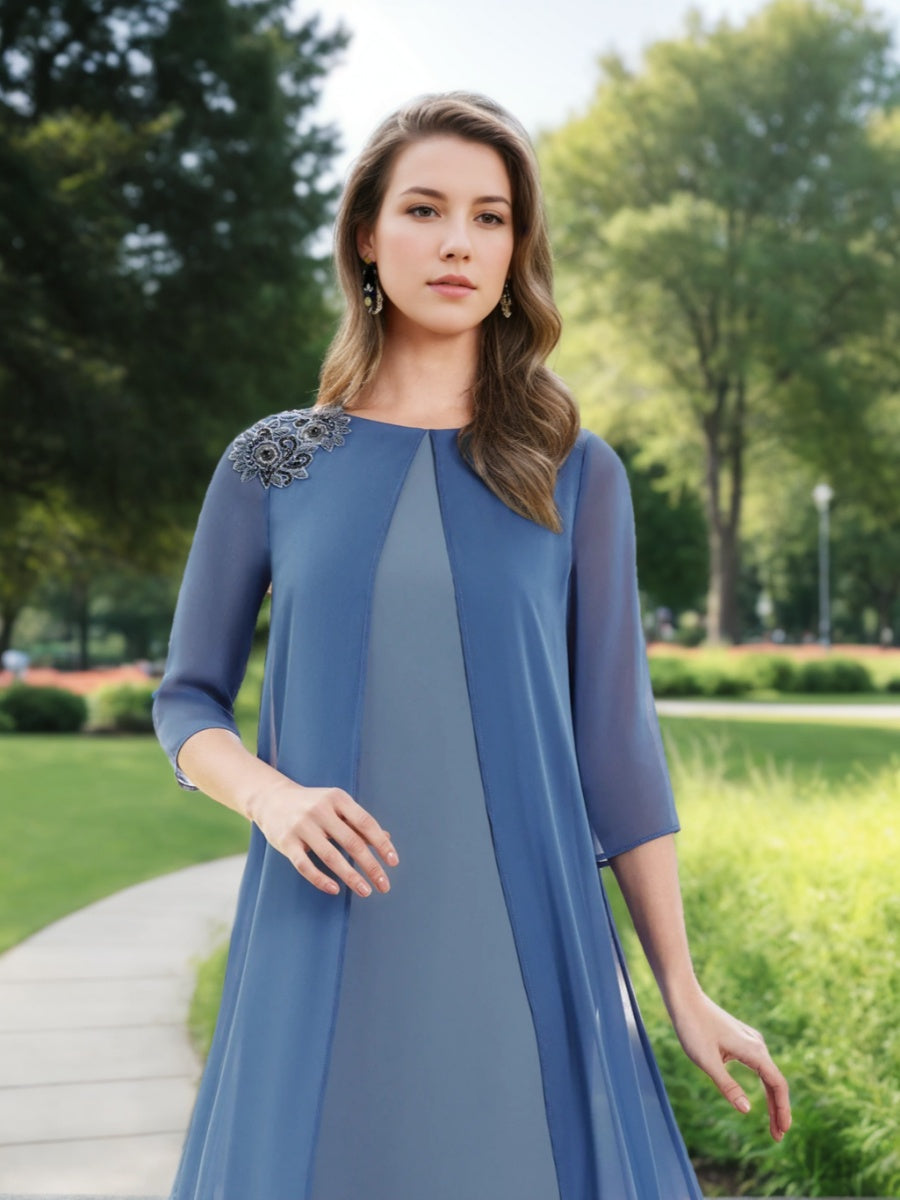 Long A Line Mother of the Bride Dress with Jewel Neckline 3/4 Sleeves and Chiffon Cape