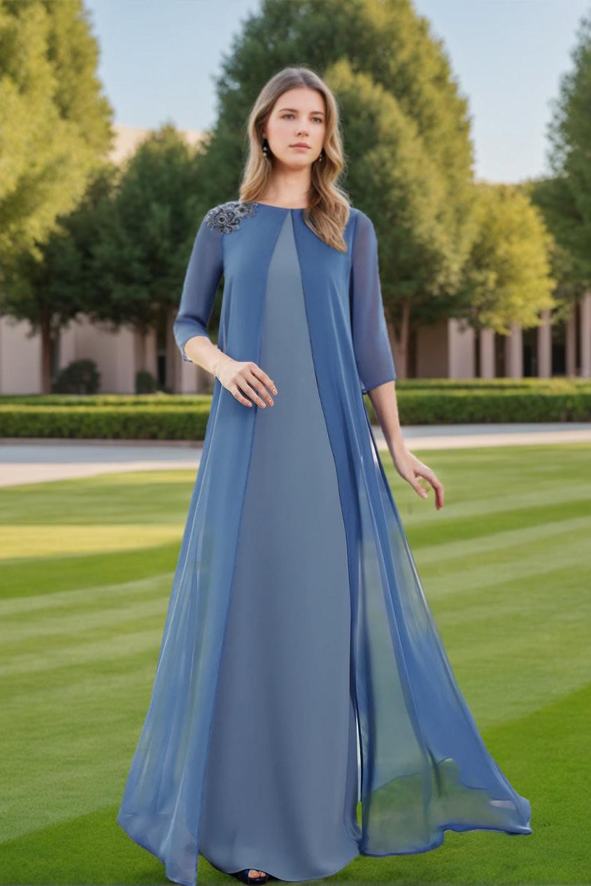 Long A Line Mother of the Bride Dress with Jewel Neckline 3/4 Sleeves and Chiffon Cape