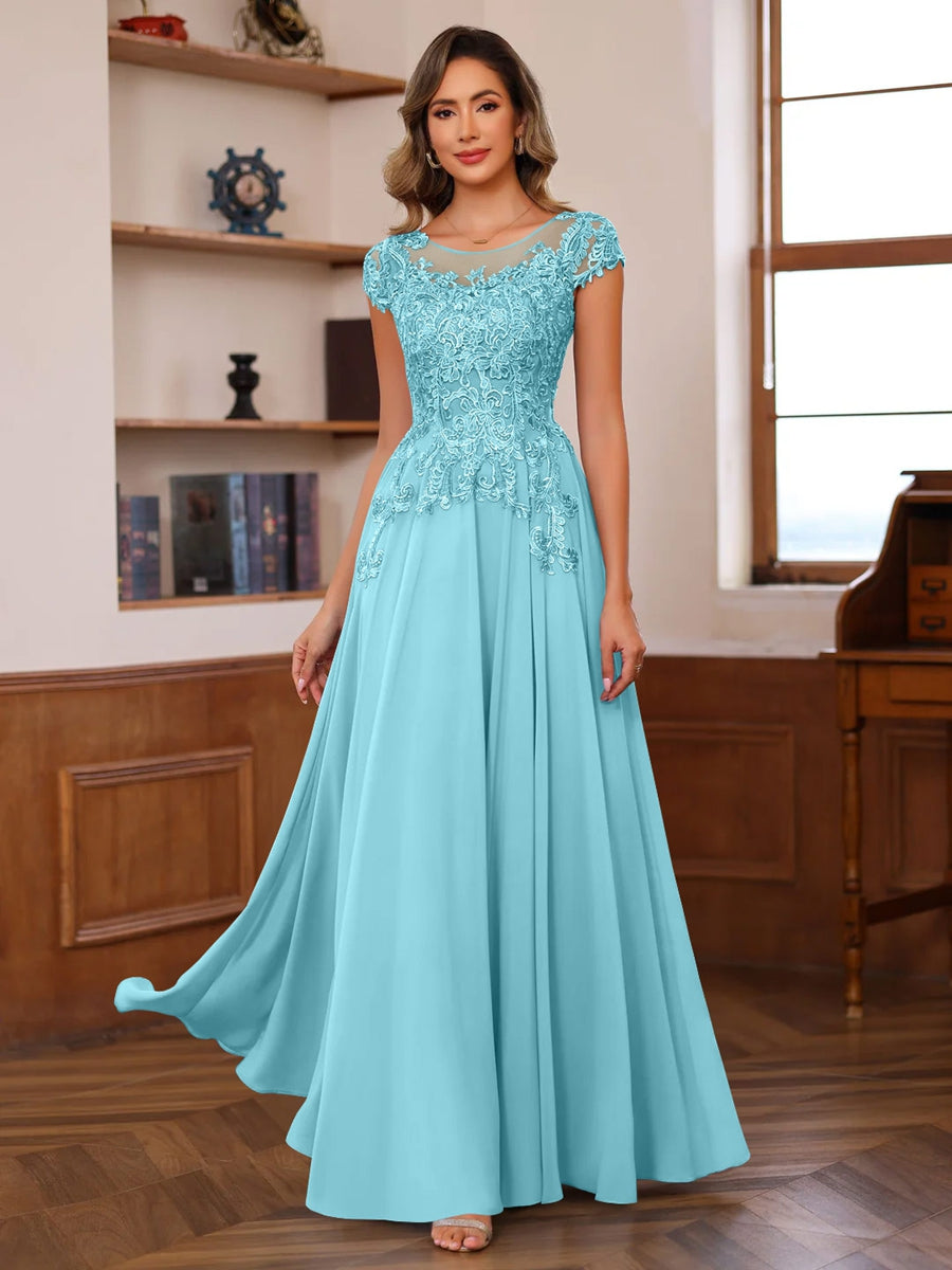 Long A Line Mother of the Bride Dress with Scoop Neck and Short Sleeves Featuring Appliques