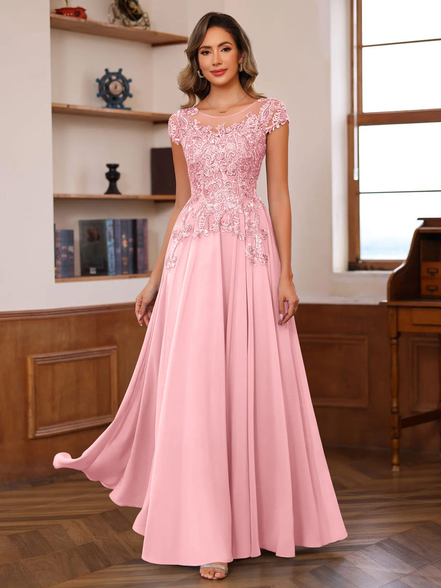 Long A Line Mother of the Bride Dress with Scoop Neck and Short Sleeves Featuring Appliques