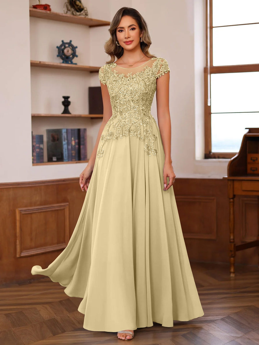 Long A Line Mother of the Bride Dress with Scoop Neck and Short Sleeves Featuring Appliques