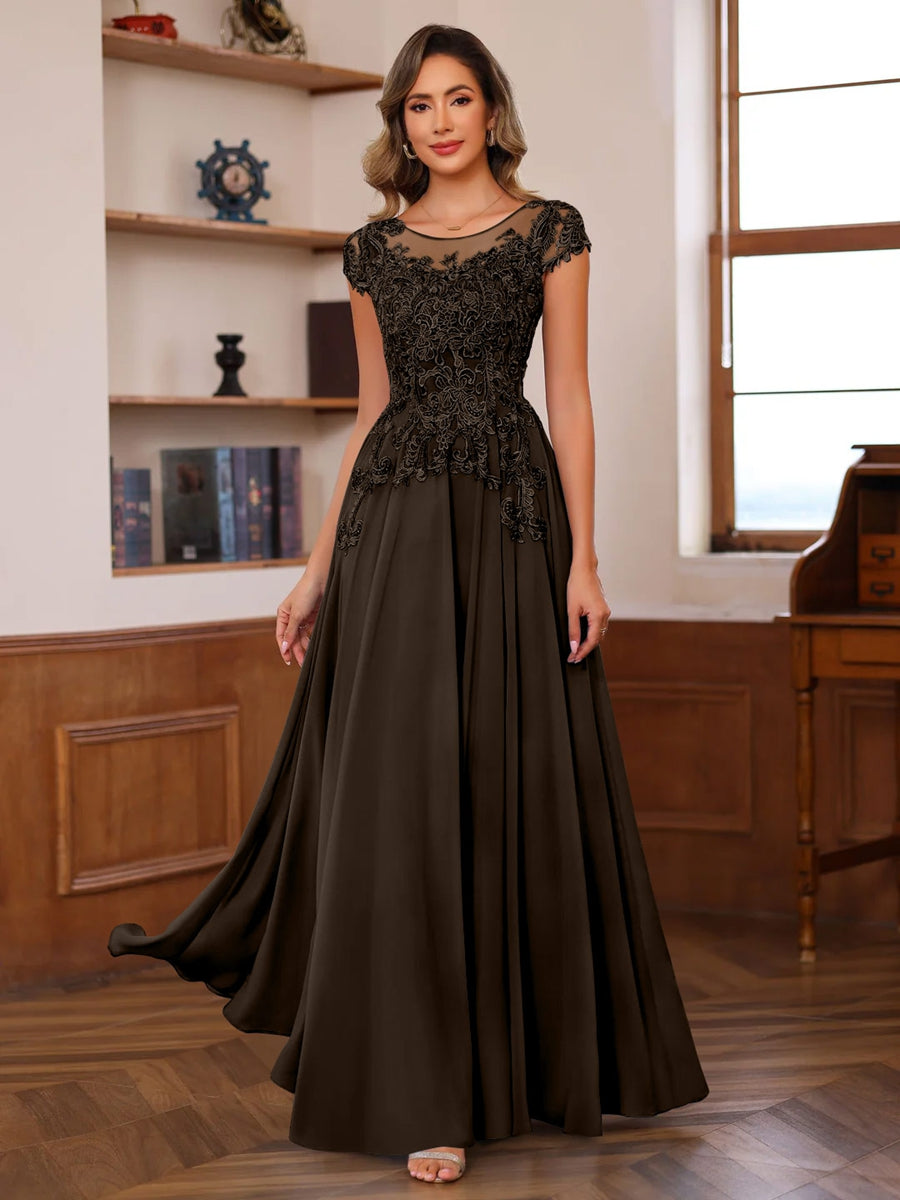 Long A Line Mother of the Bride Dress with Scoop Neck and Short Sleeves Featuring Appliques