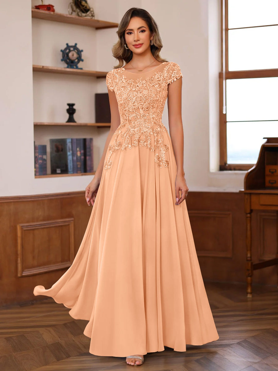 Long A Line Mother of the Bride Dress with Scoop Neck and Short Sleeves Featuring Appliques