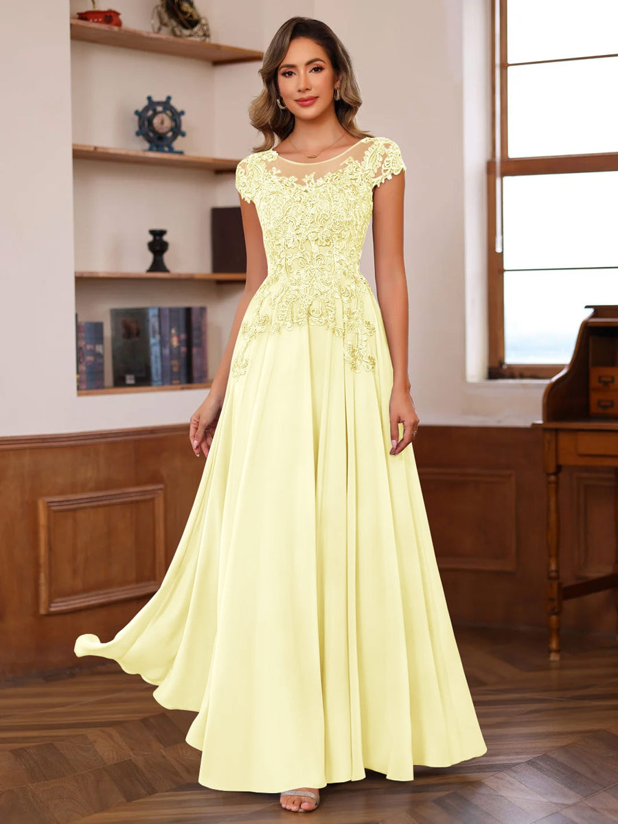 Long A Line Mother of the Bride Dress with Scoop Neck and Short Sleeves Featuring Appliques