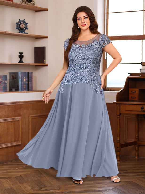 Long A Line Mother of the Bride Dress with Scoop Neck and Short Sleeves Featuring Appliques
