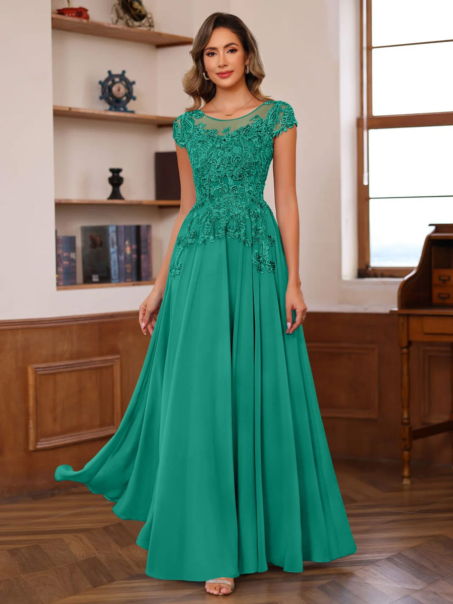 Long A Line Mother of the Bride Dress with Scoop Neck and Short Sleeves Featuring Appliques