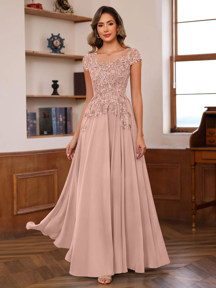 Long A Line Mother of the Bride Dress with Scoop Neck and Short Sleeves Featuring Appliques