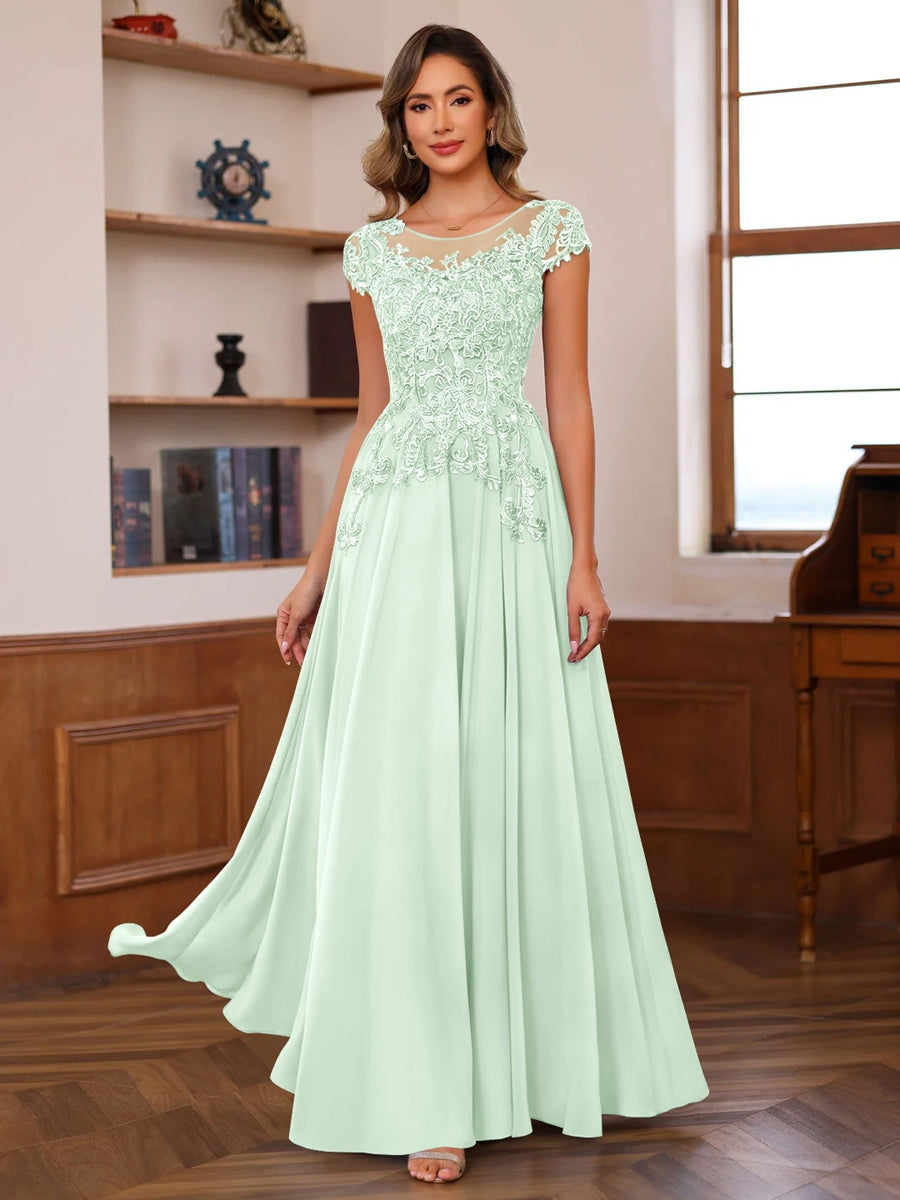 Long A Line Mother of the Bride Dress with Scoop Neck and Short Sleeves Featuring Appliques