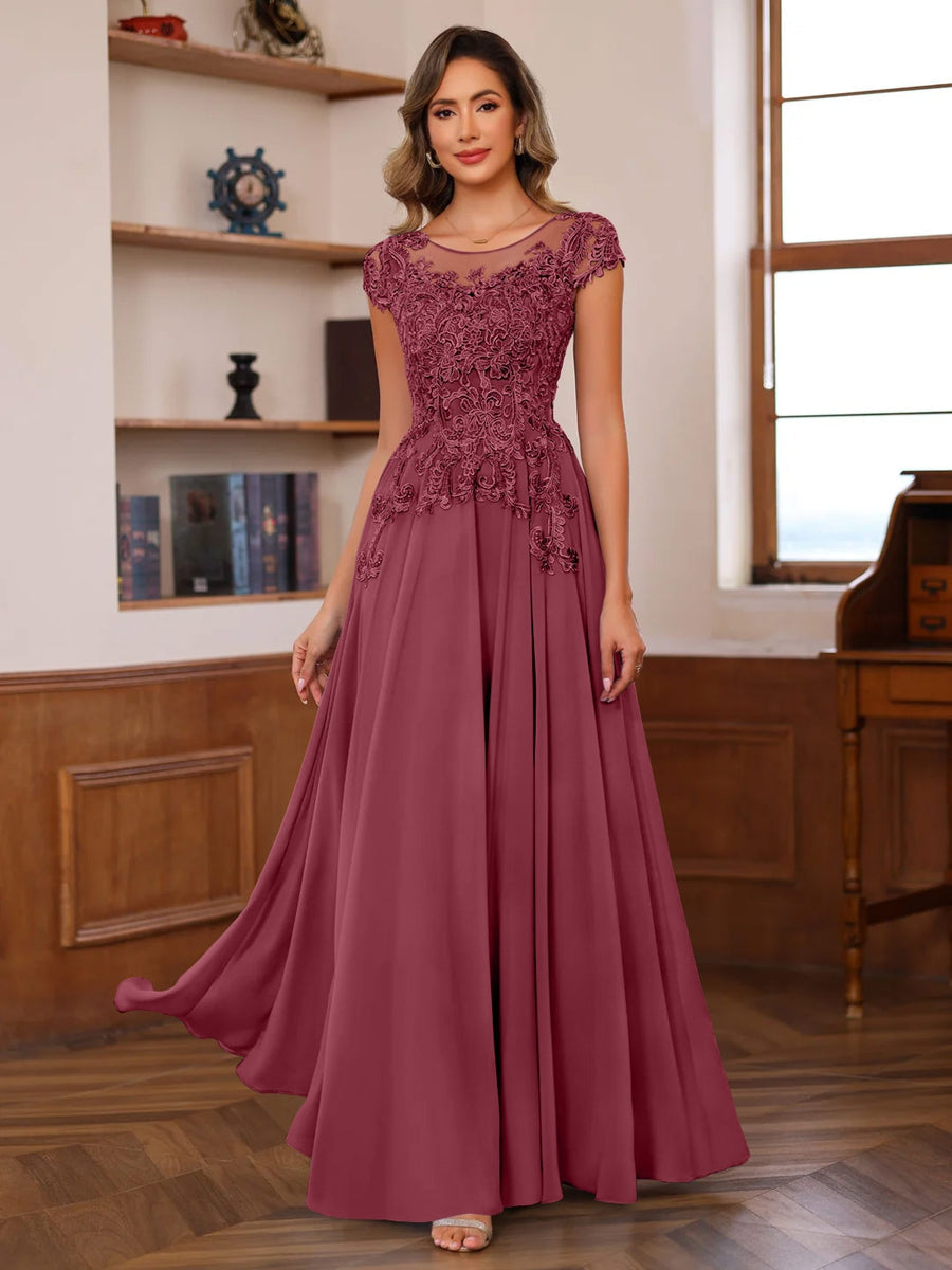 Long A Line Mother of the Bride Dress with Scoop Neck and Short Sleeves Featuring Appliques