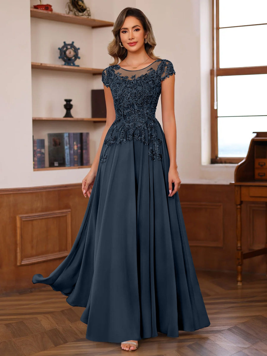 Long A Line Mother of the Bride Dress with Scoop Neck and Short Sleeves Featuring Appliques
