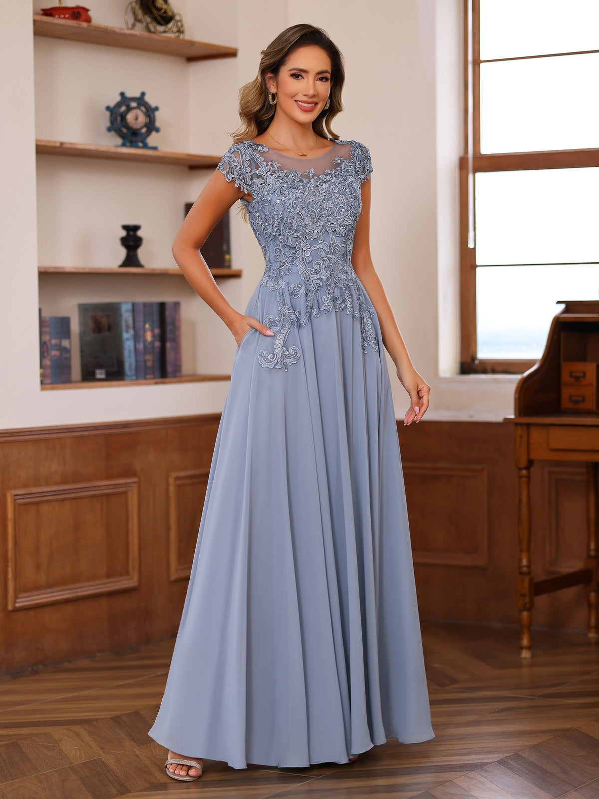 Long A Line Mother of the Bride Dress with Scoop Neck and Short Sleeves Featuring Appliques