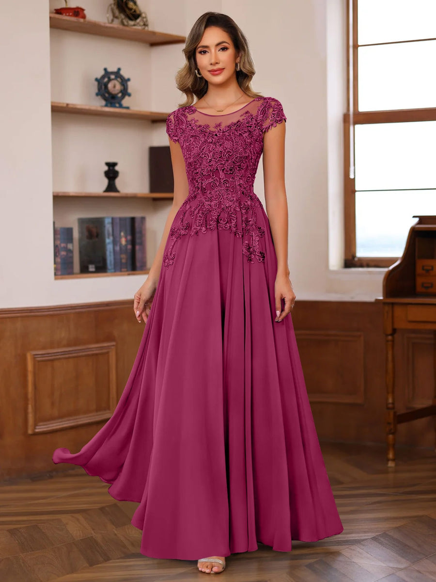 Long A Line Mother of the Bride Dress with Scoop Neck and Short Sleeves Featuring Appliques