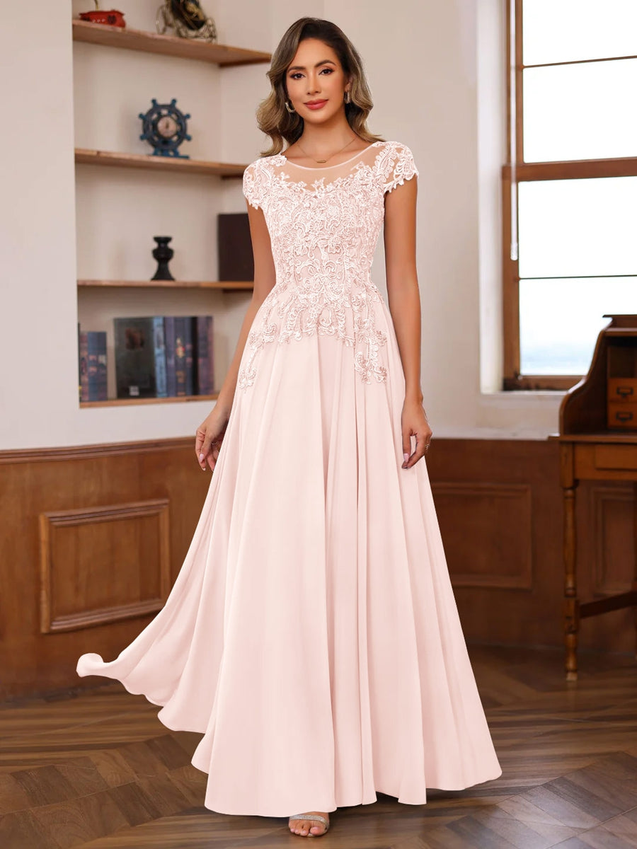 Long A Line Mother of the Bride Dress with Scoop Neck and Short Sleeves Featuring Appliques