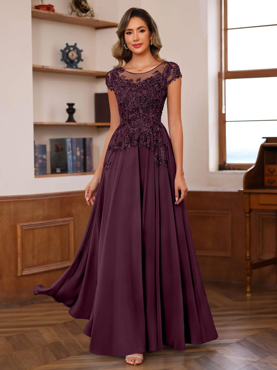 Long A Line Mother of the Bride Dress with Scoop Neck and Short Sleeves Featuring Appliques
