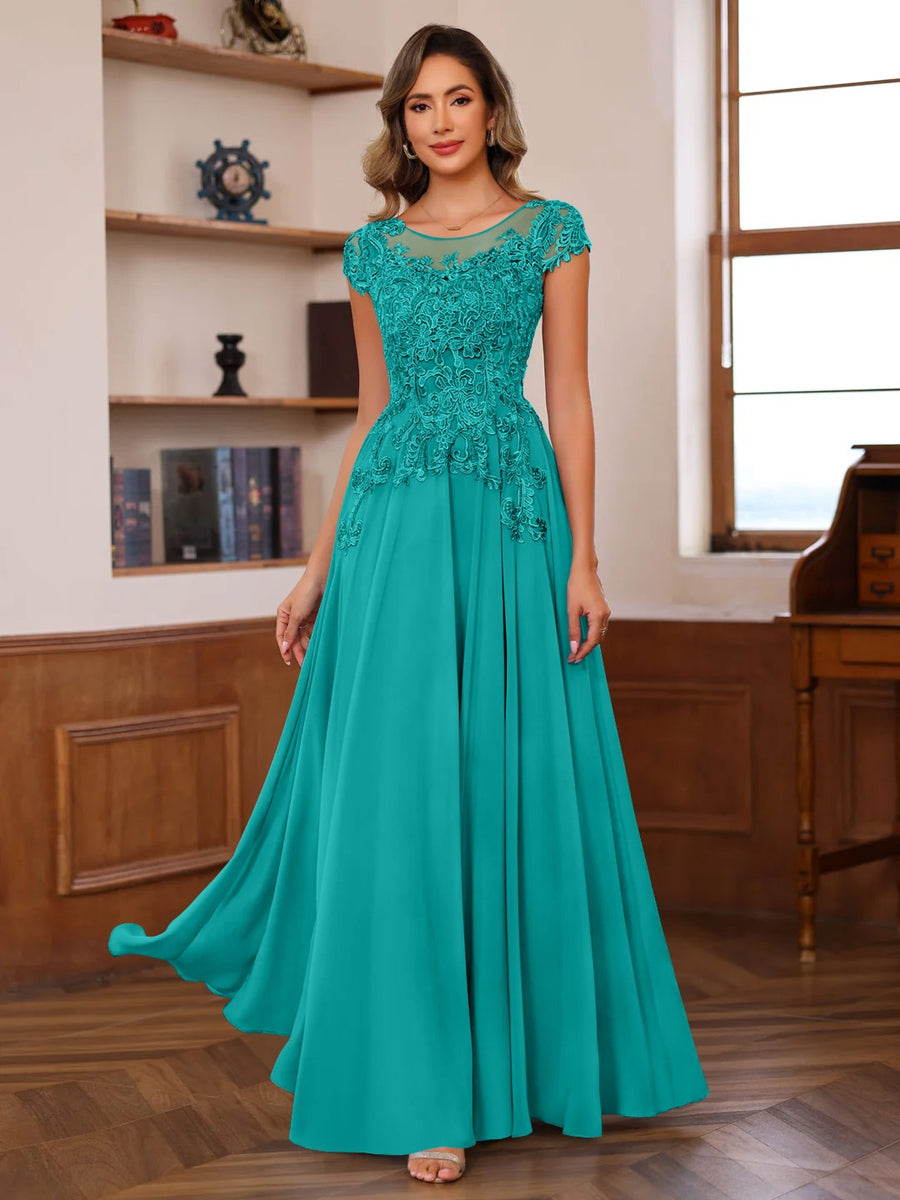 Long A Line Mother of the Bride Dress with Scoop Neck and Short Sleeves Featuring Appliques