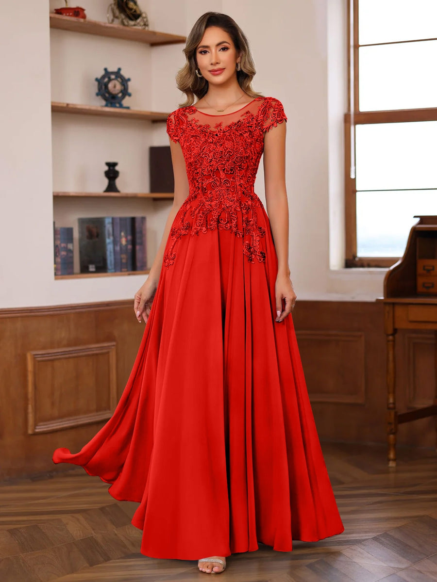 Long A Line Mother of the Bride Dress with Scoop Neck and Short Sleeves Featuring Appliques