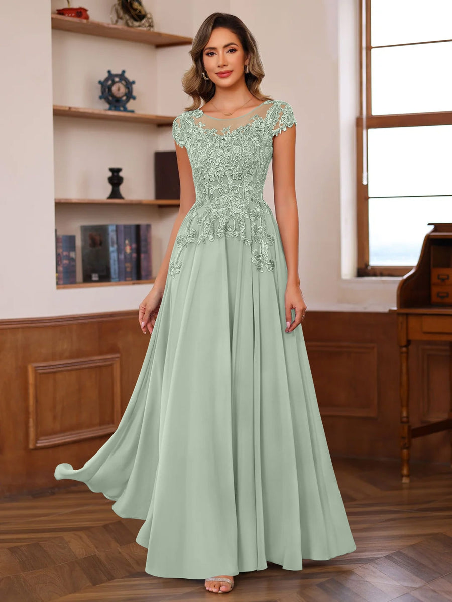 Long A Line Mother of the Bride Dress with Scoop Neck and Short Sleeves Featuring Appliques