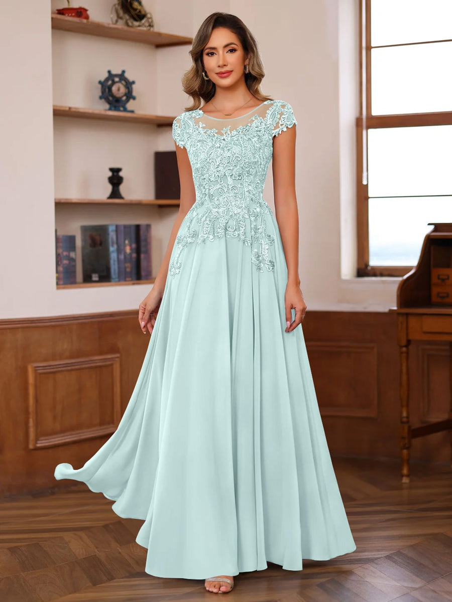 Long A Line Mother of the Bride Dress with Scoop Neck and Short Sleeves Featuring Appliques