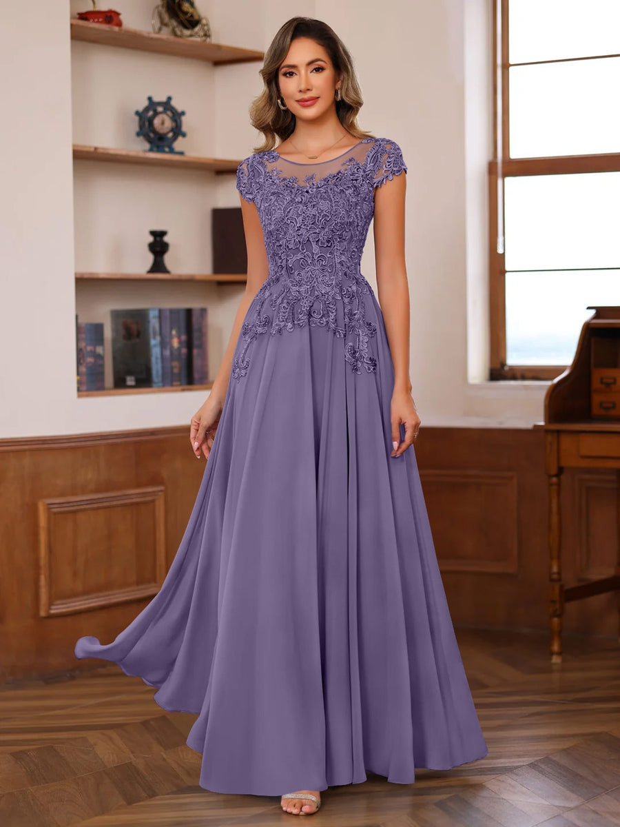 Long A Line Mother of the Bride Dress with Scoop Neck and Short Sleeves Featuring Appliques