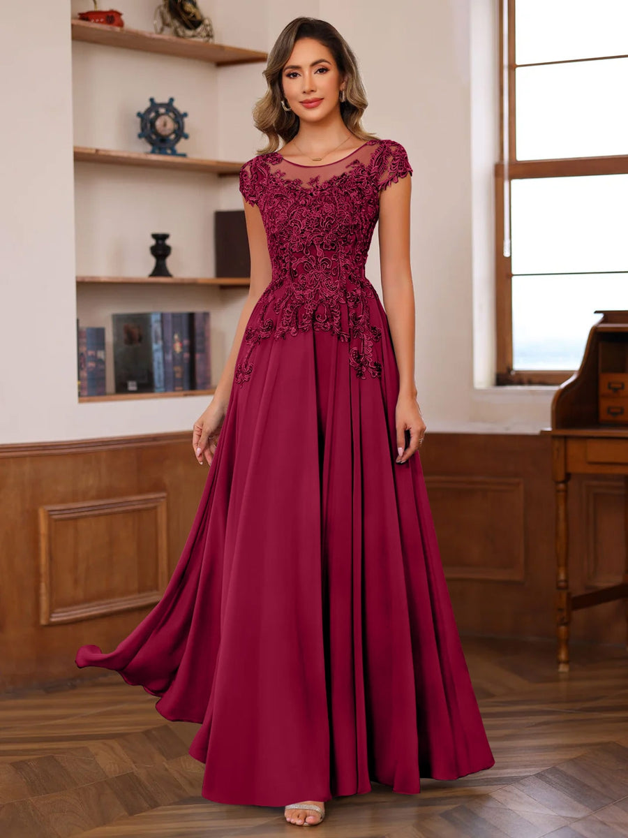 Long A Line Mother of the Bride Dress with Scoop Neck and Short Sleeves Featuring Appliques