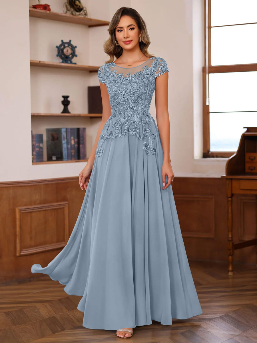 Long A Line Mother of the Bride Dress with Scoop Neck and Short Sleeves Featuring Appliques