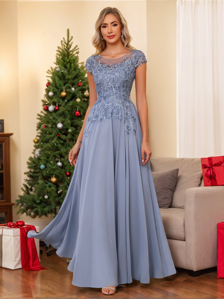 Long A Line Mother of the Bride Dress with Scoop Neck and Short Sleeves Featuring Appliques