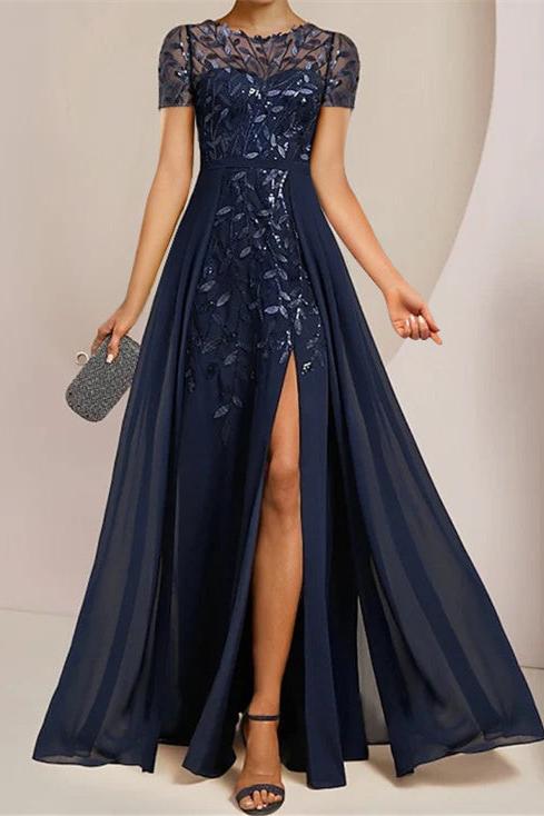 Long A Line Mother of the Bride Dress with Scoop Neckline Side Split and Sequined Ruffles
