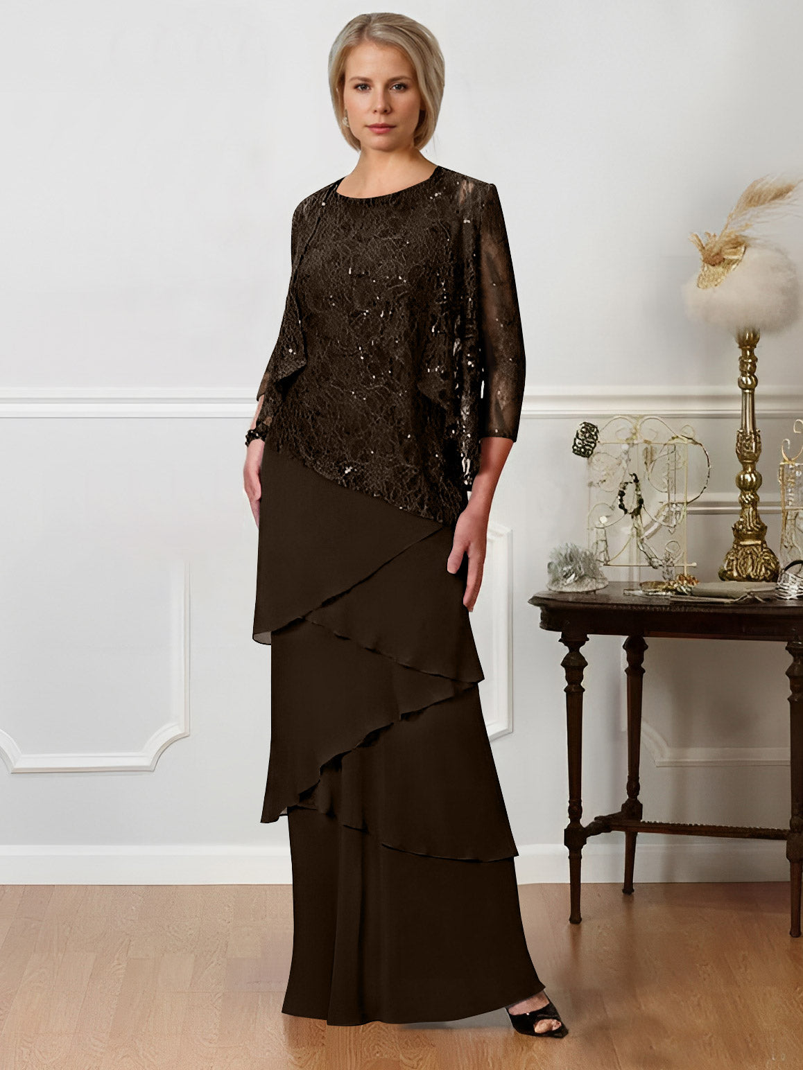 Long A Line Mother of the Bride Dress with Jewel Neck