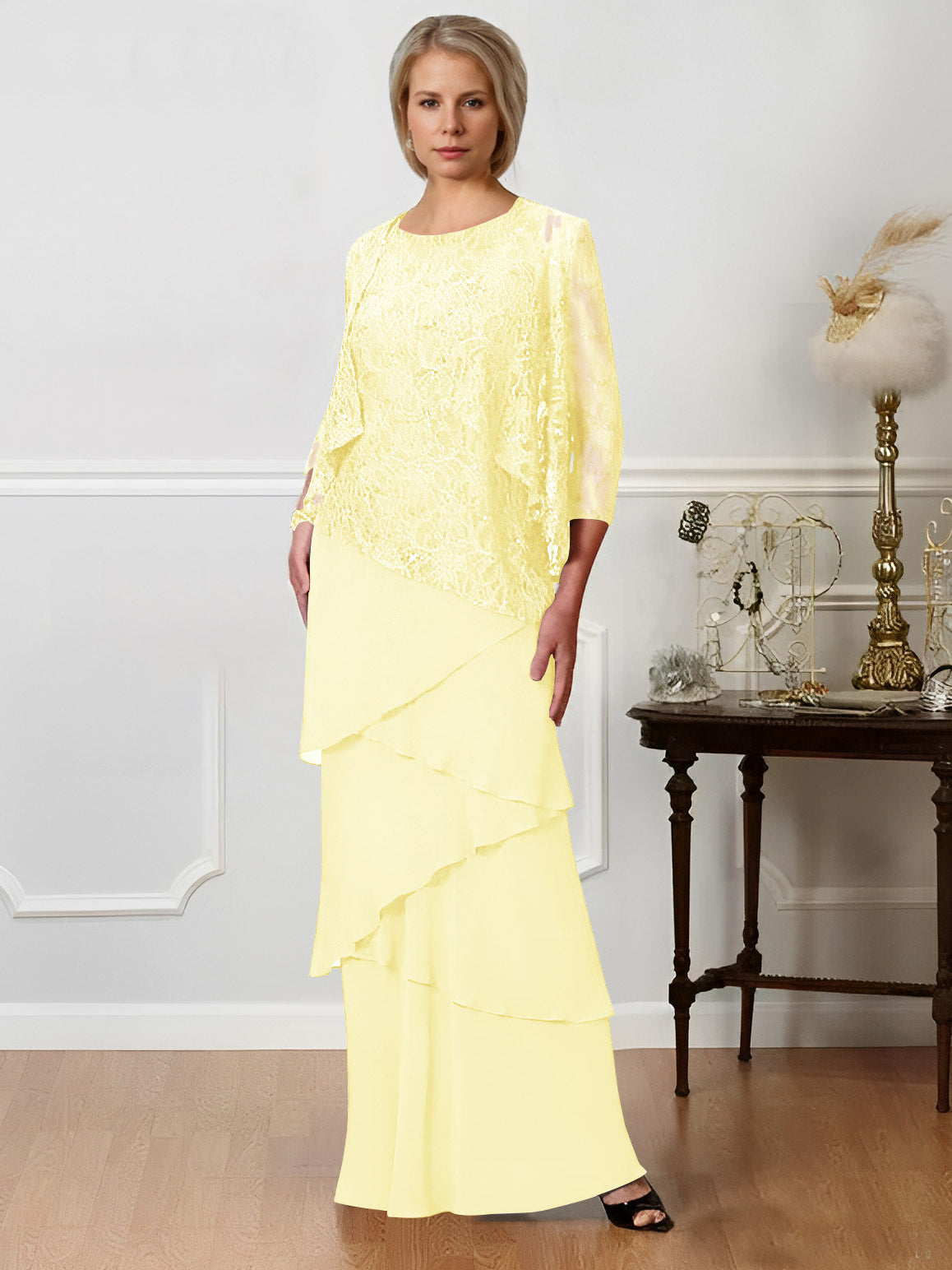 Long A Line Mother of the Bride Dress with Jewel Neck